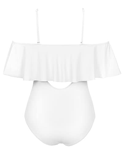 Charming Women's Lace Up Ruffled One Piece Bathing Suit-White
