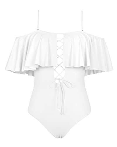 Charming Women's Lace Up Ruffled One Piece Bathing Suit-White