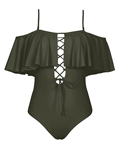Women's Ruffled One Piece Swimsuit Off-The-Shoulder Lace-Up Sexy Bathing Suit-Army Green
