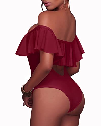 Junior's Lace Up Ruffled One Piece Bathing Suit-Maroon
