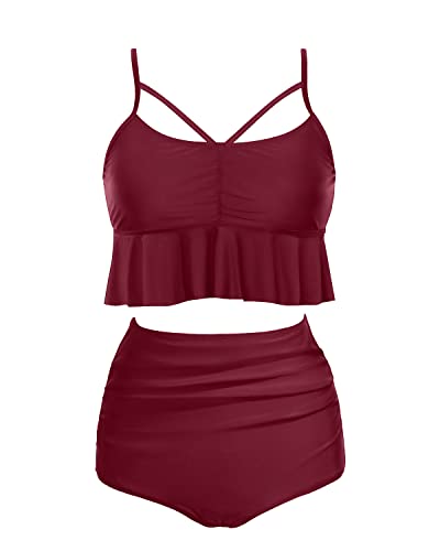 Push-Up Two Piece Bathing Suits For Women Tummy Control Bikini Sets-Maroon