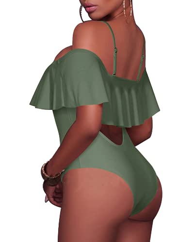 Sexy Lace-Up Off The Shoulder One Piece Swimsuit For Women-Olive Green