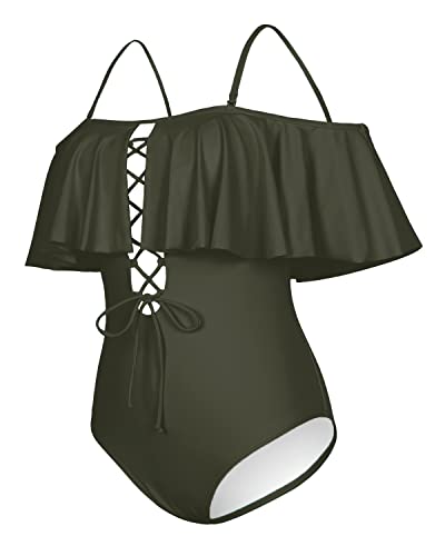 Women's Ruffled One Piece Swimsuit Off-The-Shoulder Lace-Up Sexy Bathing Suit-Army Green