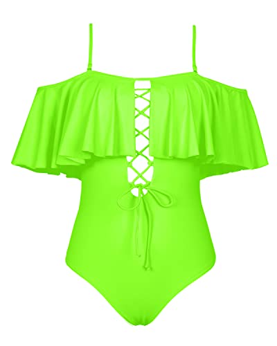 Chic Flounce Off The Shoulder One Piece Swimsuit For Girls-Neon Green