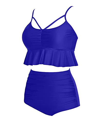 Vintage High Waisted Two Piece Swimsuits For Women Tummy Control Bikini Sets-Royal Blue