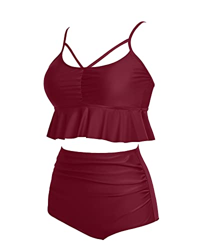 Push-Up Two Piece Bathing Suits For Women Tummy Control Bikini Sets-Maroon