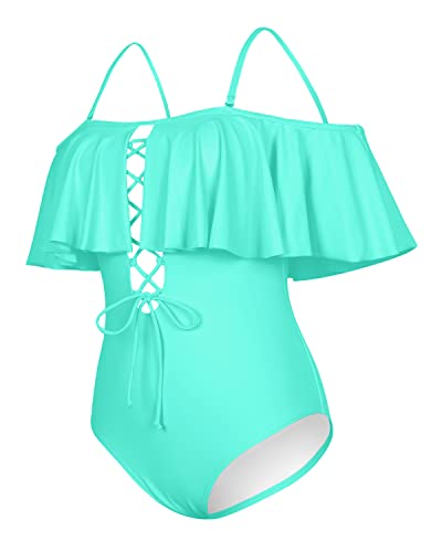 Gorgeous Lace-Up Flounce One Piece Swimsuit For Juniors-Aqua