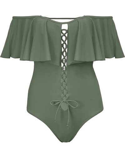 Sexy Lace-Up Off The Shoulder One Piece Swimsuit For Women-Olive Green