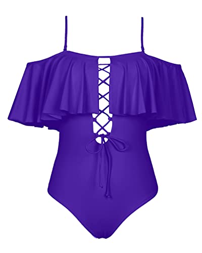Slimming Lace-Up Front Ruffled One Piece Swimsuit For Ladies-Purple
