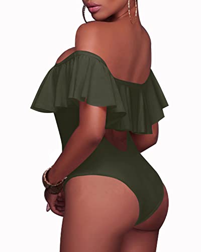 Women's Ruffled One Piece Swimsuit Off-The-Shoulder Lace-Up Sexy Bathing Suit-Army Green