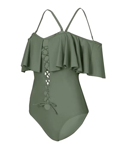 Sexy Lace-Up Off The Shoulder One Piece Swimsuit For Women-Olive Green
