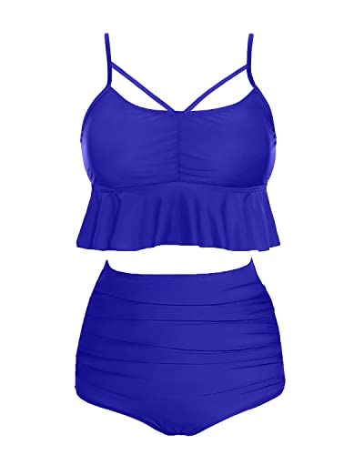 Vintage High Waisted Two Piece Swimsuits For Women Tummy Control Bikini Sets-Royal Blue