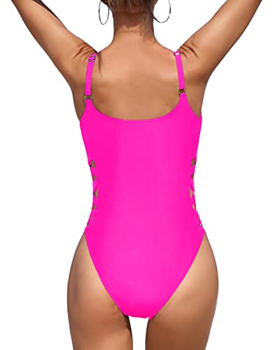 Women's Low Neckline Criss Cross One Piece Swimsuit-Neon Pink