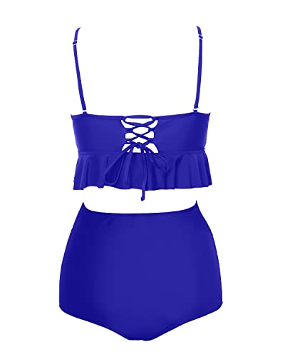 Vintage High Waisted Two Piece Swimsuits For Women Tummy Control Bikini Sets-Royal Blue
