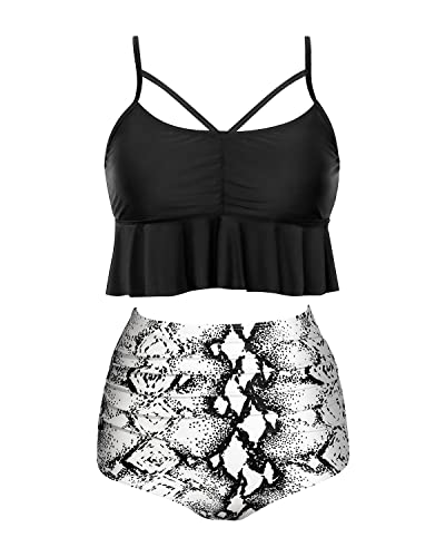 Flounced Two Piece Tummy Control Swimsuits For Women Tummy Control Bikini Sets-Black And White Snake Print