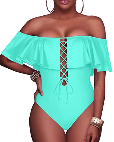 Gorgeous Lace-Up Flounce One Piece Swimsuit For Juniors-Aqua