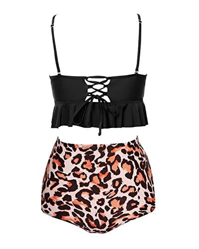 Push-Up Crop Back Lace-Up High Waist Bikini Sets-Black And Leopard