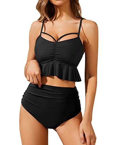 Two Piece Flounced Hem Push-Up Crop High Waist Bikini Sets-Black