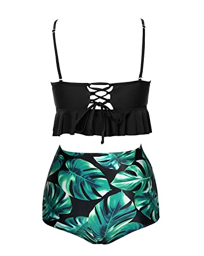 Retro Removable Cotton-Padded Bra High Waist Bikini Sets-Black Leaf