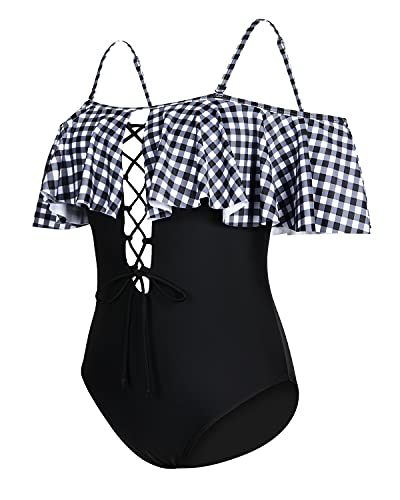 Flirty Lace-Up Off-Shoulder One Piece Swimsuit For Women-Black And White Checkered