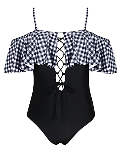 Flirty Lace-Up Off-Shoulder One Piece Swimsuit For Women-Black And White Checkered