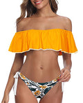 Off Shoulder Flounce Top Ruffle Bikini Swimsuits For Women-Yellow Floral