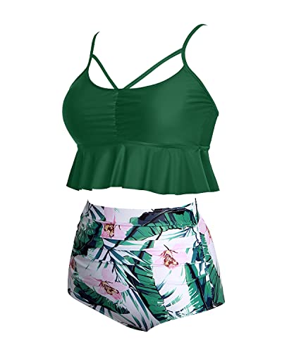 Tummy Control Flounced Hem High Waist Bikini Sets-Green Tropical Floral