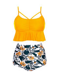 Lace-Up High Waisted Two Piece Bikini Sets Tummy Control-Yellow Floral