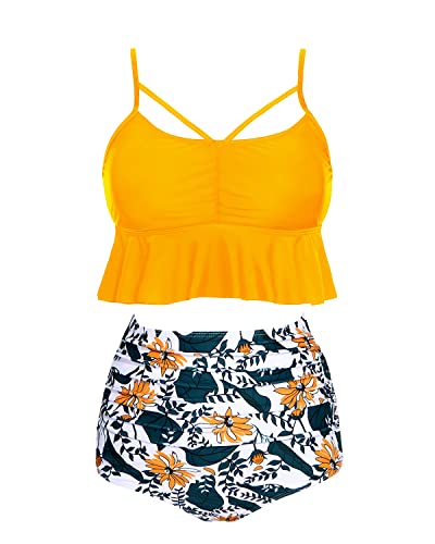 Lace-Up High Waisted Two Piece Bikini Sets Tummy Control-Yellow Floral