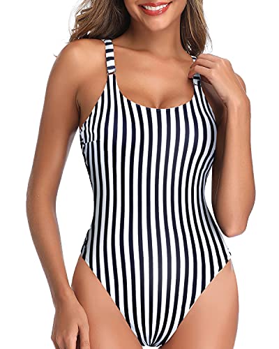 Removable Contoured Soft Padded Push Up Bra One Piece Slimming Swimsuits For Women-Black And White Stripe