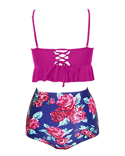 Women's Ruched Tummy Control High Waist Bikini Sets-Pink Floral