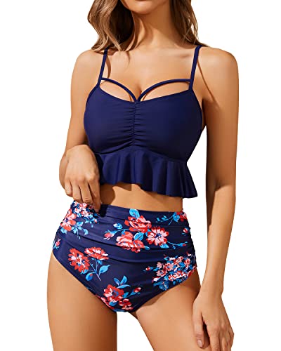 Fashionable Appearance Feminine High Waist Bikini Sets-Navy Blue Floral