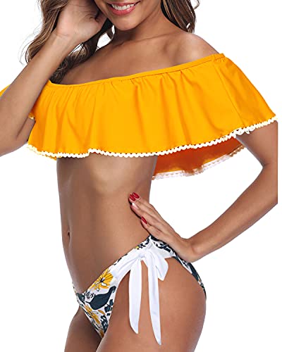 Off Shoulder Flounce Top Ruffle Bikini Swimsuits For Women-Yellow Floral