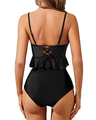 Two Piece Flounced Hem Push-Up Crop High Waist Bikini Sets-Black
