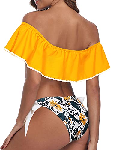 Off Shoulder Flounce Top Ruffle Bikini Swimsuits For Women-Yellow Floral