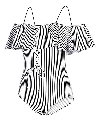 Flattering One Piece Lace Up Ruffled Bathing Suit-Black And White Stripe