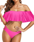 Feminine Two Piece Off Shoulder Ruffle Bikini Set For Women-Neon Pink
