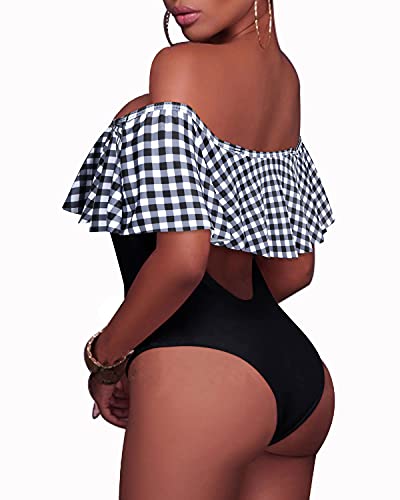 Flirty Lace-Up Off-Shoulder One Piece Swimsuit For Women-Black And White Checkered