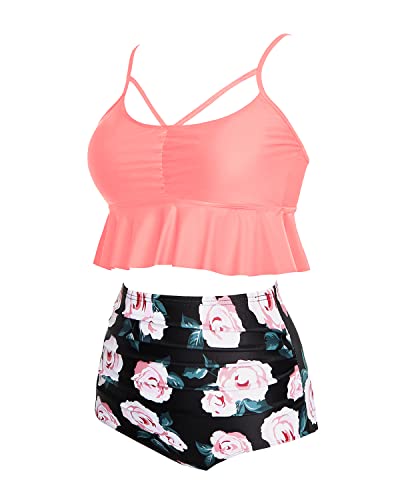 Adjustable Strap Retro High Waist Bikini Sets-Coral Pink Floral