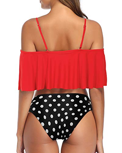 Stylish Ruffle Off Shoulder Bikini Set Adjustable Side Tie Bottoms-Red Dot
