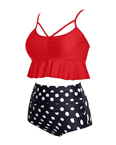 Removable Cotton-Padded Bra Fashionable Appearance High Waist Bikini Sets-Red Dot