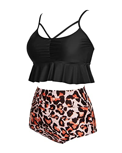 Push-Up Crop Back Lace-Up High Waist Bikini Sets-Black And Leopard