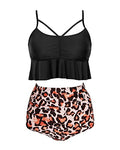 Push-Up Crop Back Lace-Up High Waist Bikini Sets-Black And Leopard