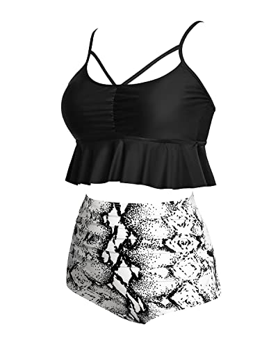 Flounced Two Piece Tummy Control Swimsuits For Women Tummy Control Bikini Sets-Black And White Snake Print