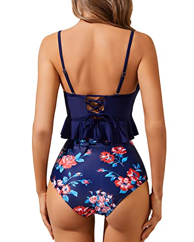 Fashionable Appearance Feminine High Waist Bikini Sets-Navy Blue Floral
