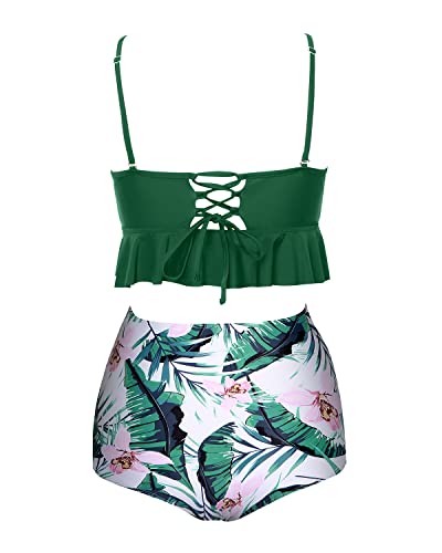 Tummy Control Flounced Hem High Waist Bikini Sets-Green Tropical Floral