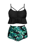 Retro Removable Cotton-Padded Bra High Waist Bikini Sets-Black Leaf