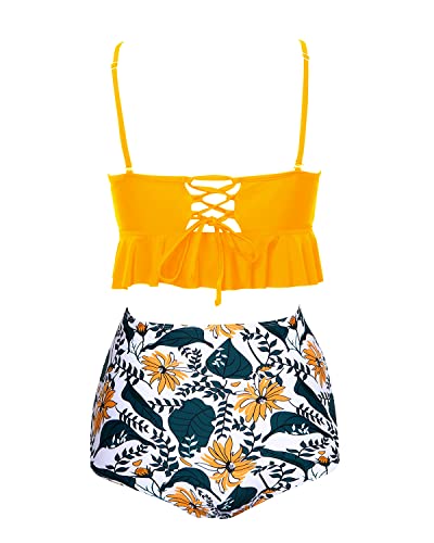 Lace-Up High Waisted Two Piece Bikini Sets Tummy Control-Yellow Floral