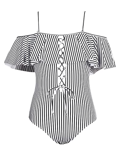 Flattering One Piece Lace Up Ruffled Bathing Suit-Black And White Stripe