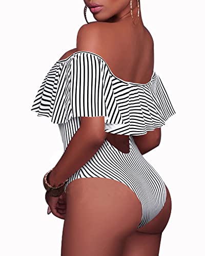 Flattering One Piece Lace Up Ruffled Bathing Suit-Black And White Stripe